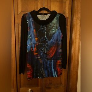 Simply by Dolcezza Women’s Sz M Artsy Lagenlook Black & Blue Cowl Neck Top